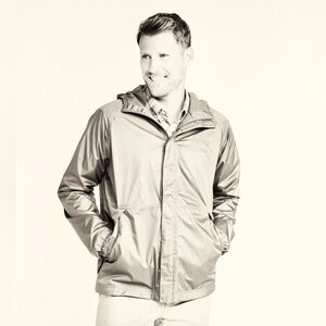 LL Bean rain Jacket coat Men XL Beige Windbreaker Stowaway Hood Hiking Y2K Nylon